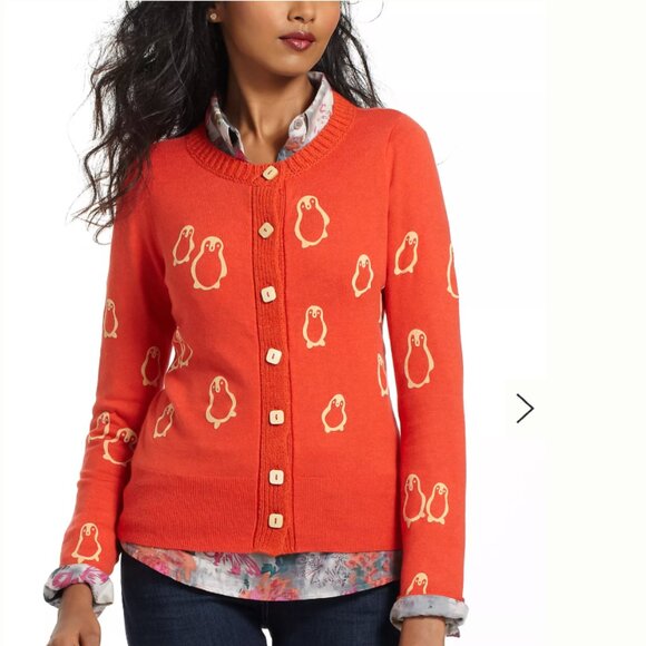 Anthropologie Field Flowers sz M orange penguin sweater cardigan GUC scandi - Picture 1 of 7